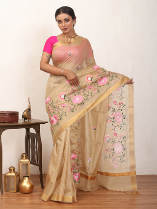 Beige Supernet Kota Saree with Machine Embroidery