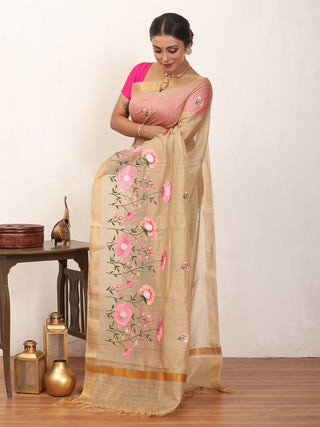 Beige Supernet Kota Saree with Machine Embroidery