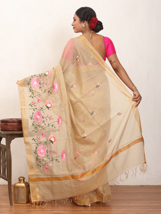 Beige Supernet Kota Saree with Machine Embroidery