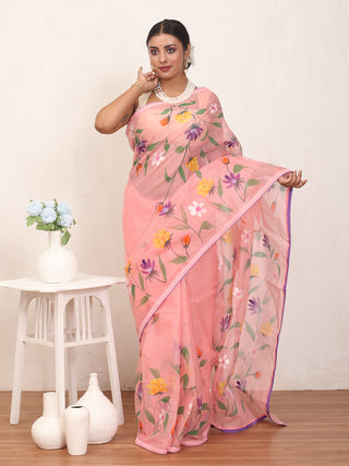 Pink Hand Painted Pure Cotton Kota Doria Saree