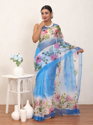 Blue Kota Doria Saree with Hand Painting
