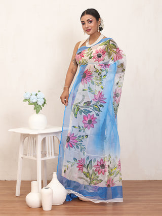 Blue Kota Doria Saree with Hand Painting