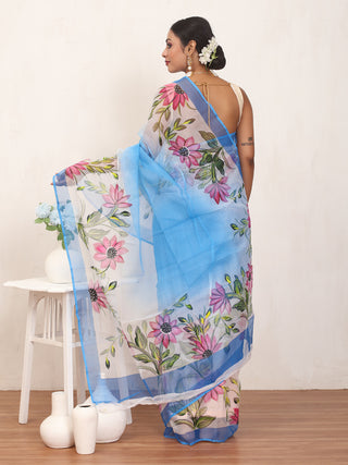 Blue Kota Doria Saree with Hand Painting