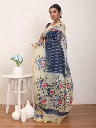 Navy Blue Block Printed  Kota Doria Saree With Hand Painted Borders And Pallu