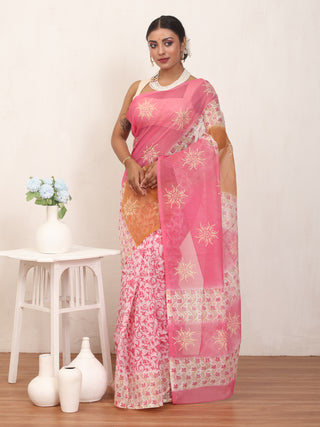 Pink, Rust Brown & White Cotton Kota Doria Hand Dyed & Hand Block Print Saree