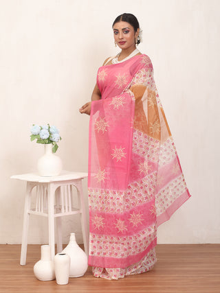 Pink, Rust Brown & White Cotton Kota Doria Hand Dyed & Hand Block Print Saree