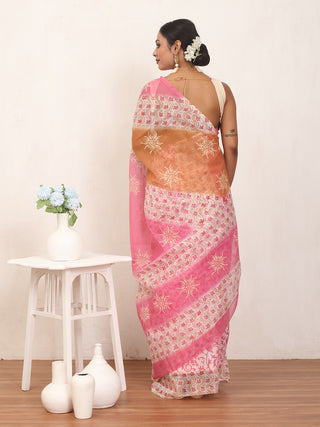 Pink, Rust Brown & White Cotton Kota Doria Hand Dyed & Hand Block Print Saree