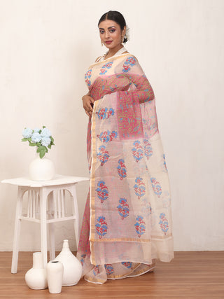 Brick Red & Cream Cotton Kota Doria Hand Block Print Saree