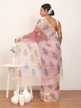 Brick Red & Cream Cotton Kota Doria Hand Block Print Saree