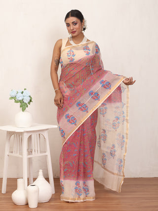 Brick Red & Cream Cotton Kota Doria Hand Block Print Saree