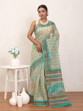 Aqua & Cream Cotton Kota Doria Hand Block Print Saree