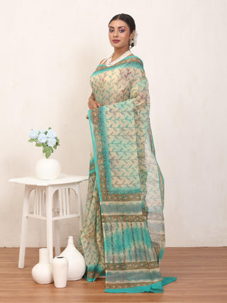 Aqua & Cream Cotton Kota Doria Hand Block Print Saree