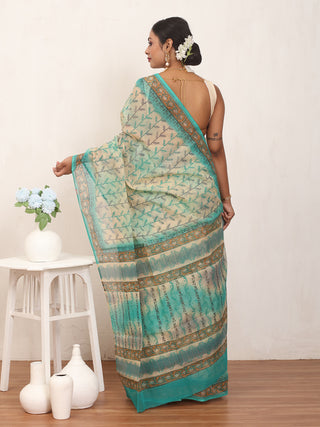 Aqua & Cream Cotton Kota Doria Hand Block Print Saree