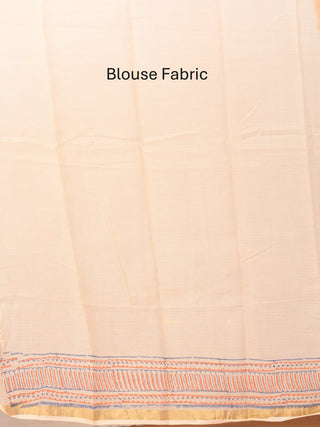 Orange & Cream Hand Block Printed Cotton Kota Doria Saree With Zari Border