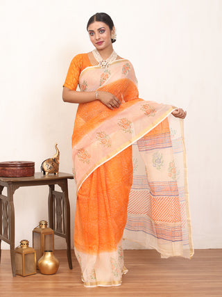 Orange & Cream Hand Block Printed Cotton Kota Doria Saree With Zari Border