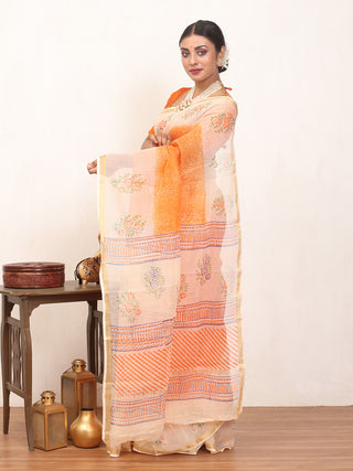 Orange & Cream Hand Block Printed Cotton Kota Doria Saree With Zari Border