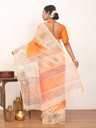 Orange & Cream Hand Block Printed Cotton Kota Doria Saree With Zari Border