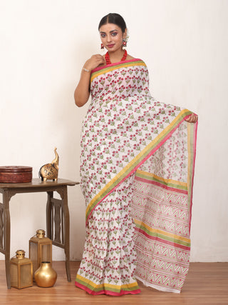White Cotton Kota Doria Saree With Multicolour Hand Block Print