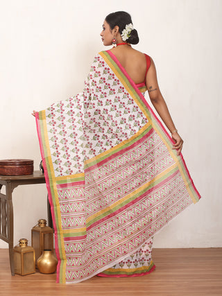 White Cotton Kota Doria Saree With Multicolour Hand Block Print