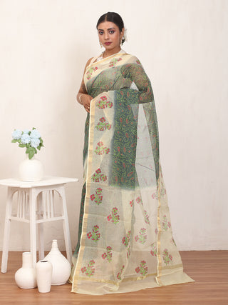 Bottle Green & Cream Kota Doria Hand Block Print Saree