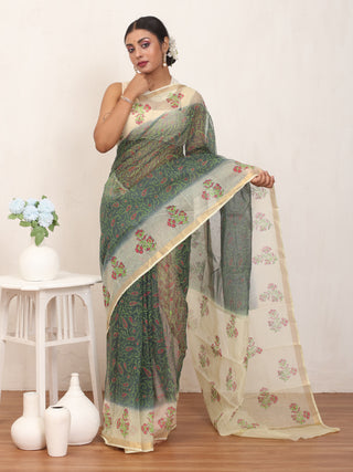 Bottle Green & Cream Kota Doria Hand Block Print Saree