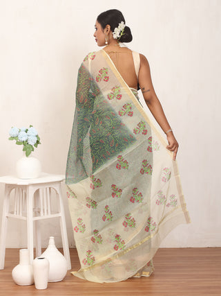 Bottle Green & Cream Kota Doria Hand Block Print Saree