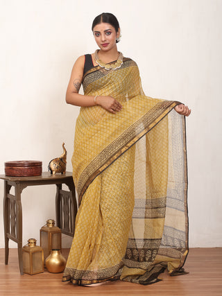Mustard & Black Bagru Print Cotton Kota Doria Saree with Zari Border