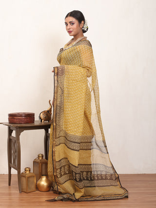 Mustard & Black Bagru Print Cotton Kota Doria Saree with Zari Border