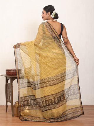 Mustard & Black Bagru Print Cotton Kota Doria Saree with Zari Border