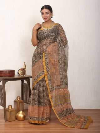 Black & Rust Bagru Print Cotton Kota Doria Saree with Zari Border