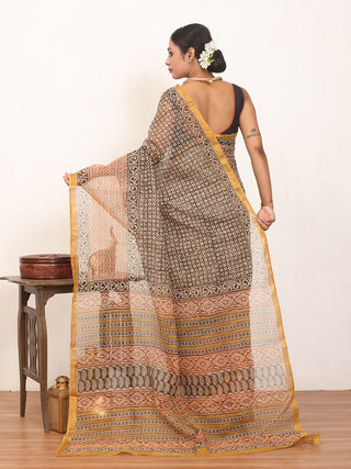 Black & Rust Bagru Print Cotton Kota Doria Saree with Zari Border