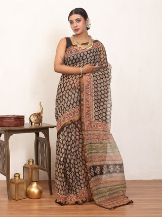 Black & Rust Hand Block Bagru Print Cotton Kota Doria Saree