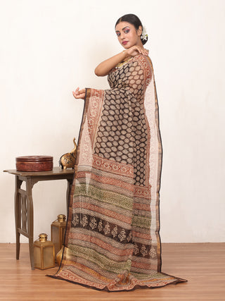 Black & Rust Hand Block Bagru Print Cotton Kota Doria Saree