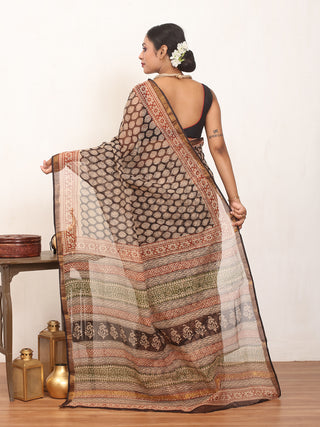 Black & Rust Hand Block Bagru Print Cotton Kota Doria Saree