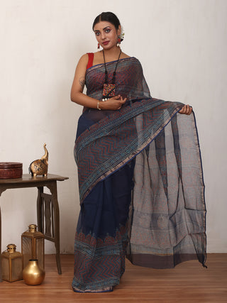 Indigo Blue & Red Ajrakh Print Cotton Kota Doria Saree