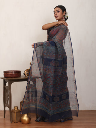 Indigo Blue & Red Ajrakh Print Cotton Kota Doria Saree