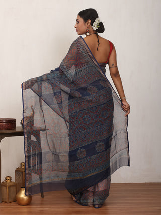 Indigo Blue & Red Ajrakh Print Cotton Kota Doria Saree
