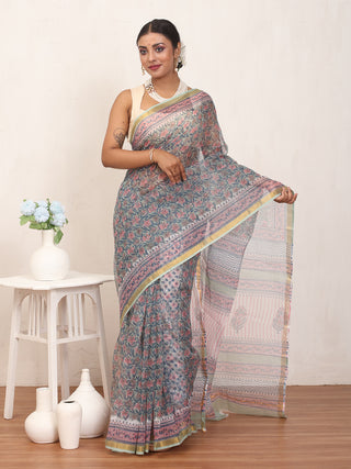 Grey Cotton Kota Doria Saree with Multicolour Sanganeri Print