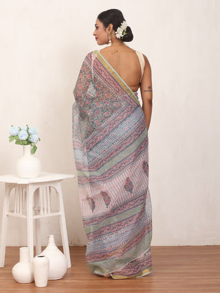 Grey Cotton Kota Doria Saree with Multicolour Sanganeri Print