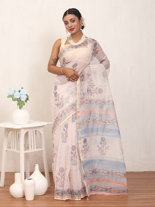 Off White Cotton Kota Doria Sanganeri Print Saree with Zari Border