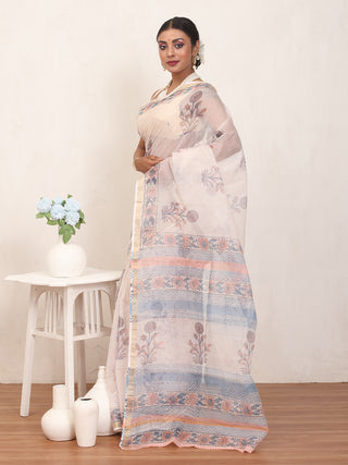 Off White Cotton Kota Doria Sanganeri Print Saree with Zari Border