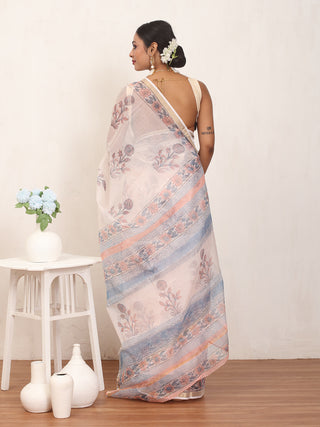 Off White Cotton Kota Doria Sanganeri Print Saree with Zari Border