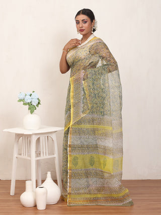 Green & Yellow Sanganeri Print Cotton Kota Doria Saree with Zari Border