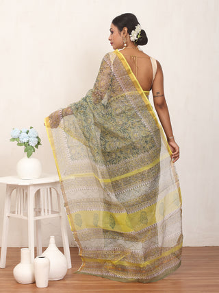 Green & Yellow Sanganeri Print Cotton Kota Doria Saree with Zari Border
