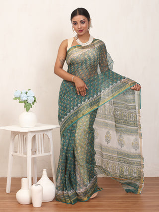 Teal & White Sanganeri Print Cotton Kota Doria Saree