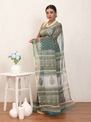 Teal & White Sanganeri Print Cotton Kota Doria Saree