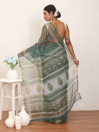 Teal & White Sanganeri Print Cotton Kota Doria Saree