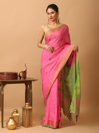 Lotus Pink Linen-Cotton Saree With Golden Border
