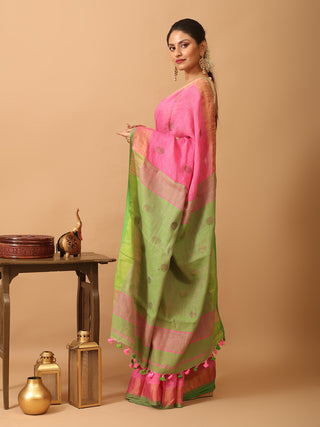 Lotus Pink Linen-Cotton Saree With Golden Border