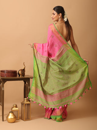 Lotus Pink Linen-Cotton Saree With Golden Border
